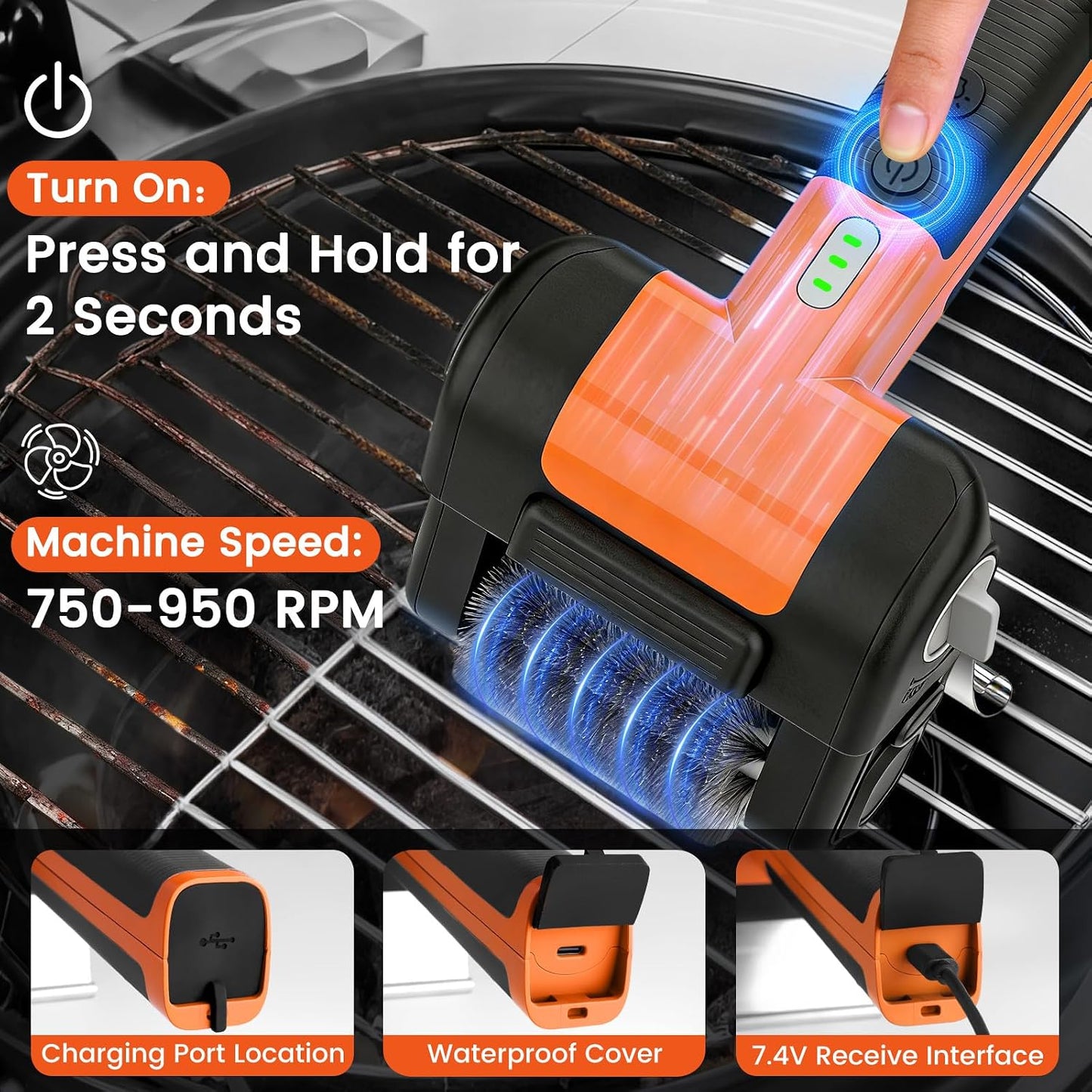 Electric Grill Brush for Outdoor,Ultra High Power Cordless BBQ Cleaner
950RPM,Rechargeable,4500mAh,Removable head,LED Light,304 Stainless Steel Reinforced Steel Bristles,Power Scrubber