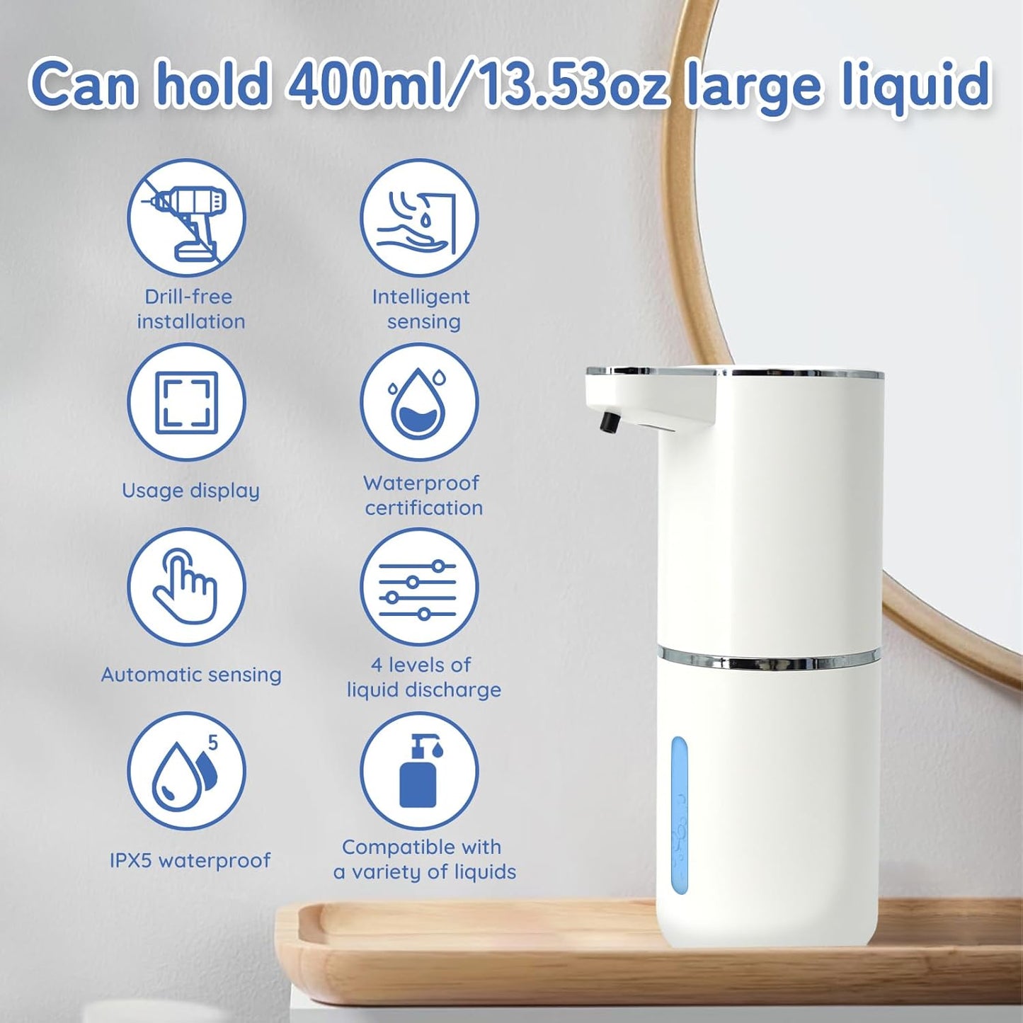 Foaming Soap Dispenser, Automatic Soap Dispenser, 13.5oz/400ml Automatic Soap Dispenser Touchless, USB Rechargeable 4 Level Adjustable Electric, for Bathroom, Kitchen