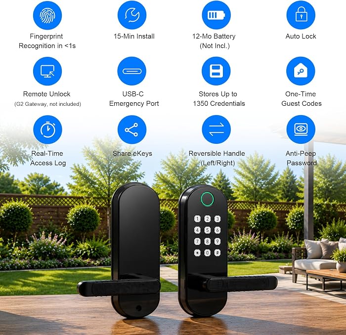 Smart Fingerprint Door Lock, 6-in-1 Keyless Entry, App Control, Auto Lock
Backlit Keypad Door Lock with Handle, Anti-Peep Password, 15-Min Install Alexa & Google Compatible for Front Doors & Bedrooms