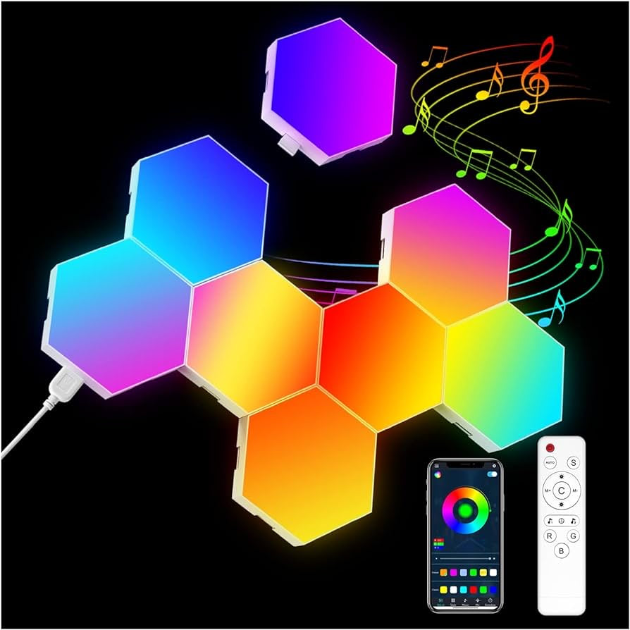 Hexagon Lights RGB Wall Light - 8 Pack Smart APP & Remote Control Modular Panel Expansion Shapes Lights Music with Sync Gaming Lights for Living Room Children Room Gaming Room