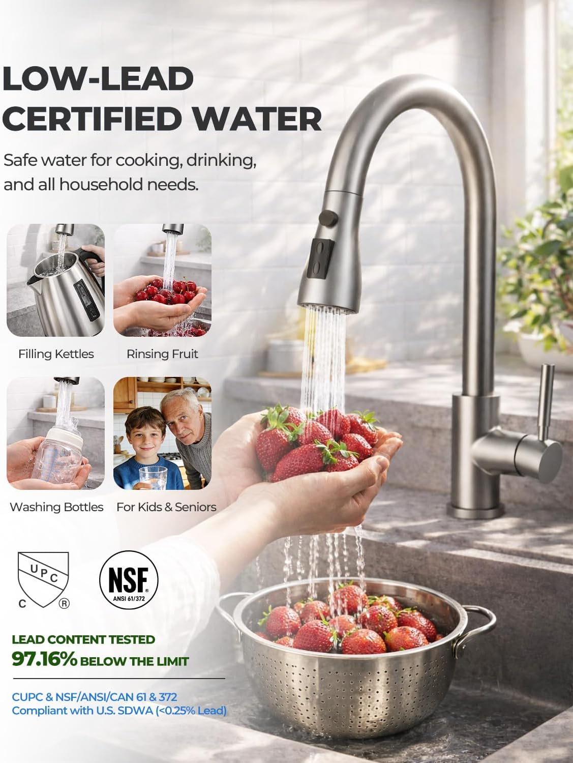 Kitchen Faucets with Pull Down Sprayer, Leak-Proof Stainless Steel Lead-Free Single Handle 1 Hole for Family Kitchen Commercial Camper Laundry Rv Bar, Brushed Nickel Bar Sink Faucet