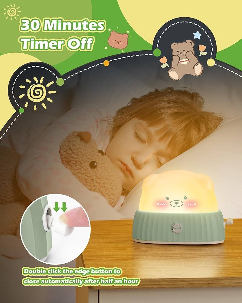 Night Light for Kids Cute Lamp, Bear Cat Lamp Kawaii Room Decor, Kids Toys for Girls, Stocking Stuffers for Kids, Christmas Gifts for Teenage Girls Kids Boys, Rechargeable Touch Lamp, Green