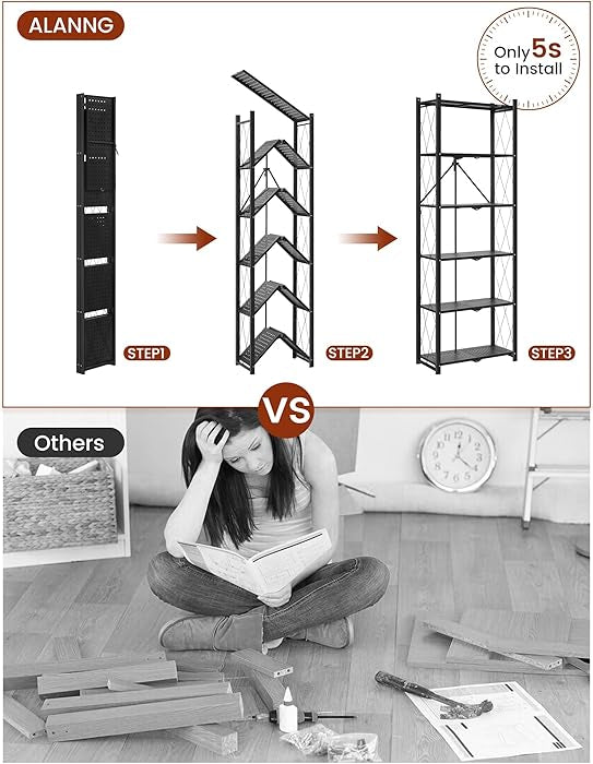 Folding Bookshelf, 6 Tier Metal Bookcase and Bookshelves, Tall Shelves for Living Room Office Bedroom, Heavy Duty Book Shelve Free Standing Open