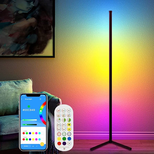 RGB Corner Light, Smart Floor Lamp Works with App and Remote, Modern LED Floor Lamp with Music Sync and 16 Million DIY Colors, Color Changing Ambiance Lamp for Living Room Gaming Room (Black)