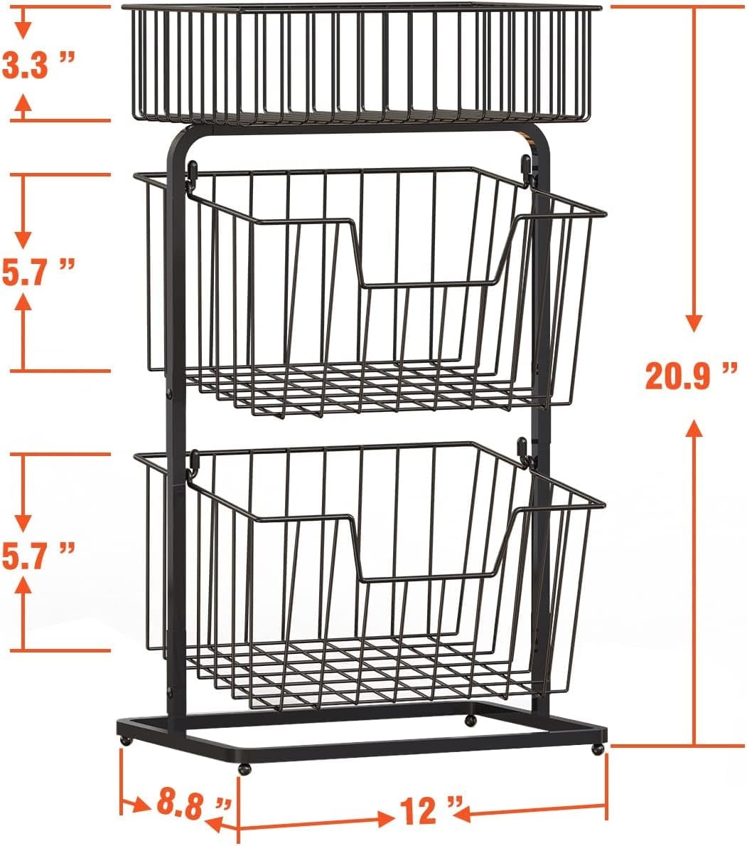 3-Tier Fruit Basket Fruit Bowl for Kitchen Counter or Floor,Fruit Holder Produce Basket for Fruits,Vegetables and Snacks,Metal Market Basket Storage Stand