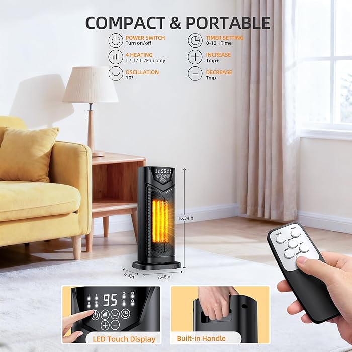 Space Heater, Portable Electric Small Heater for Indoor Use with Thermostat & Remote, Timer, 1500W PTC Ceramic Fast Safety Heat for Bedroom Living Room