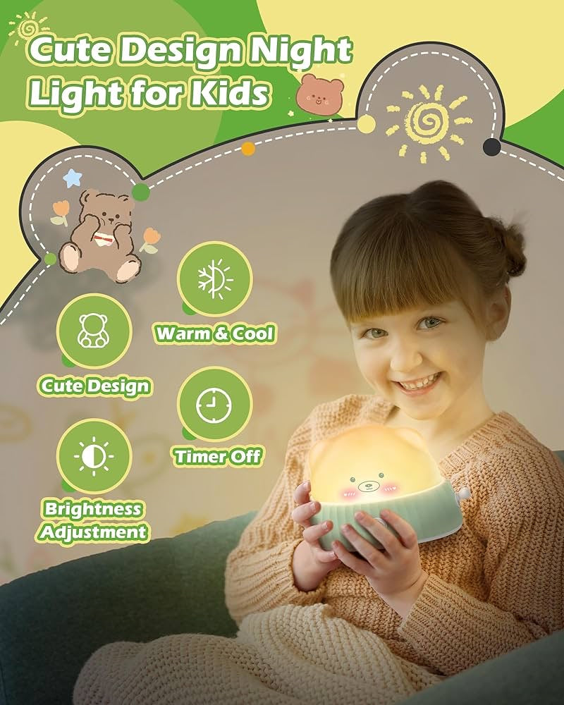 Night Light for Kids Cute Lamp, Bear Cat Lamp Kawaii Room Decor, Kids Toys for Girls, Stocking Stuffers for Kids, Christmas Gifts for Teenage Girls Kids Boys, Rechargeable Touch Lamp, Green