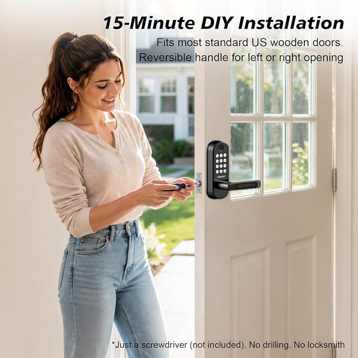 Smart Fingerprint Door Lock, 6-in-1 Keyless Entry, App Control, Auto Lock
Backlit Keypad Door Lock with Handle, Anti-Peep Password, 15-Min Install Alexa & Google Compatible for Front Doors & Bedrooms