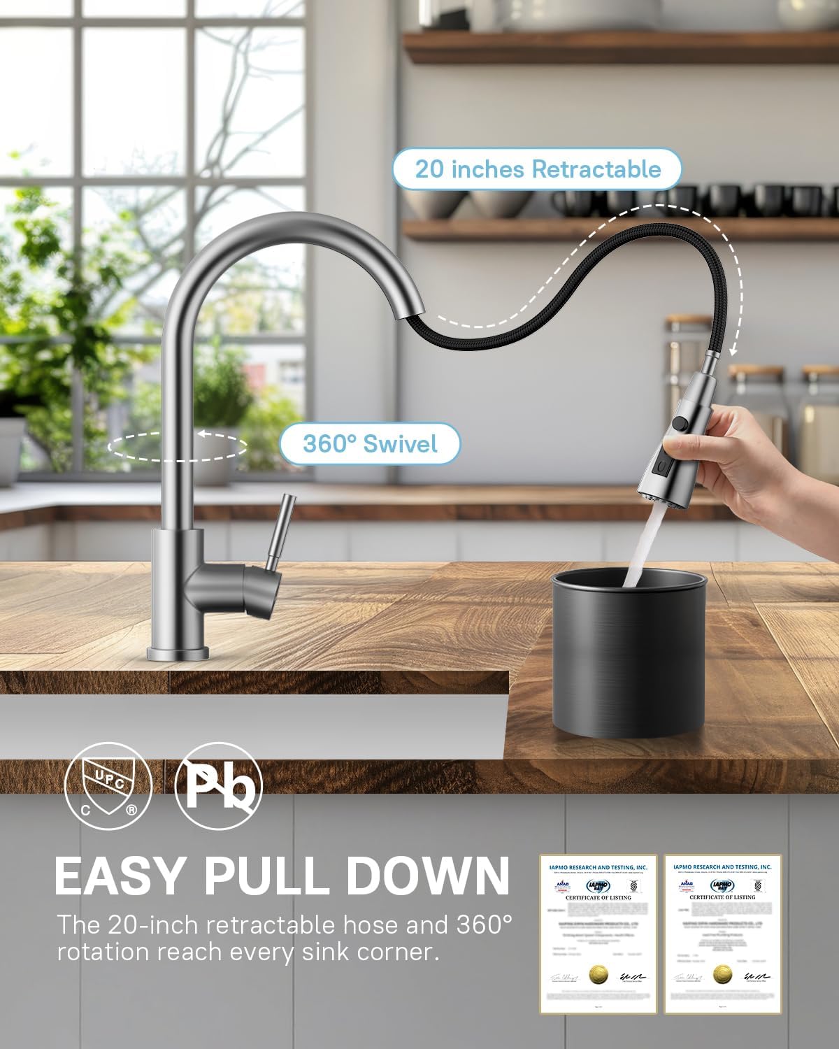 Kitchen Faucets with Pull Down Sprayer, Leak-Proof Stainless Steel Lead-Free Single Handle 1 Hole for Family Kitchen Commercial Camper Laundry Rv Bar, Brushed Nickel Bar Sink Faucet