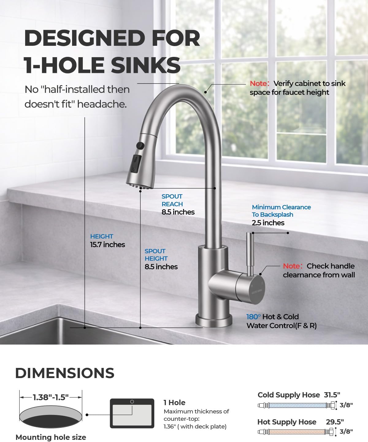 Kitchen Faucets with Pull Down Sprayer, Leak-Proof Stainless Steel Lead-Free Single Handle 1 Hole for Family Kitchen Commercial Camper Laundry Rv Bar, Brushed Nickel Bar Sink Faucet