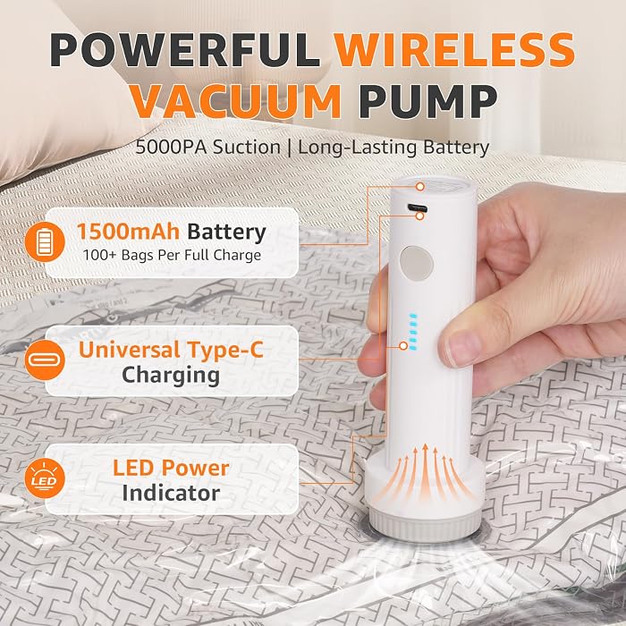 15 Pack Travel Vacuum Bags with Rechargeable Pump, 3 Sizes Combo
Space Saver Vacuum Seal Bags for Clothing Travel, 5000Pa Compression Packing Cubes for Luggage Suitcase, Cruise Essentials