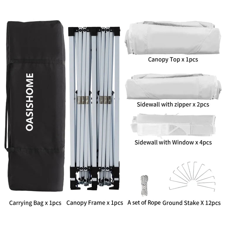 OASISHOME 10'x20' White Pop-Up Canopy Gazebo Tent, with 6 Removable Sidewalls, Windows, Carrying Bag - for Patio/Outdoor/Wedding Events
