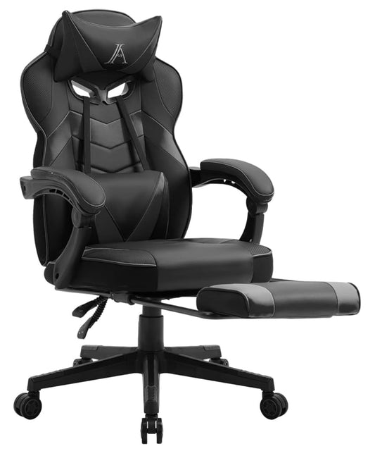 AJS Gaming Chair, Video Game Chair Ergonomic Task Racing Chair Adjustable Swivel PU Leather Office Chair, with Lumbar Support, Headrest, Padded Armrest and Retractable Footrest (Black)