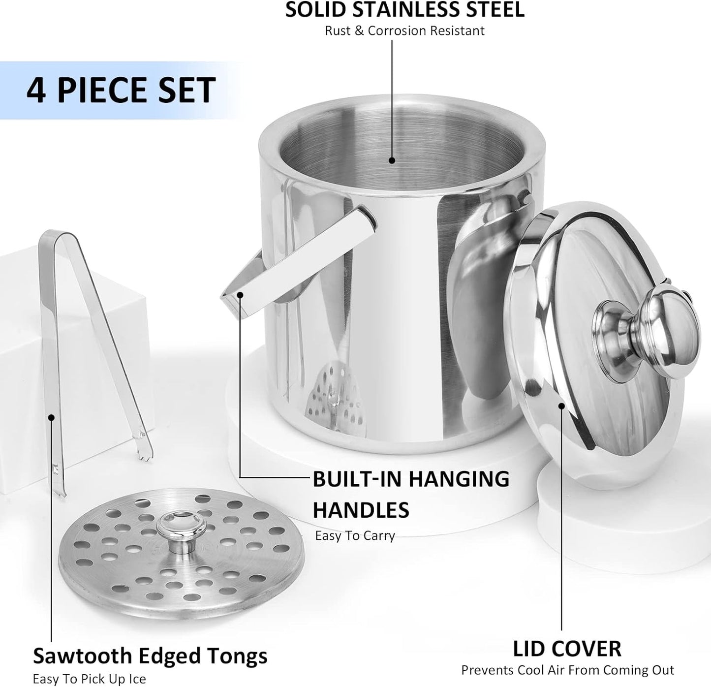 Stainless Steel Ice Bucket For Parties With Lid And Ice Tongs,Insulated Wine Bucket With Strainer Keeps Drinks Cold And Ice Cube From Melting