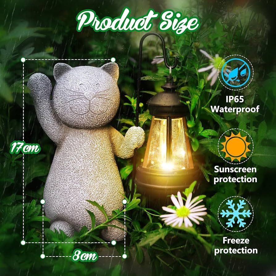 Solar Lights Outdoor Garden Decor Cat Figurine, Birthday Gifts for Women Mom Grandma,Outdoor Decor Garden Art with Solar Lantern, Loving Cat Solar Lights for Yard Patio, Housewarming Gifts