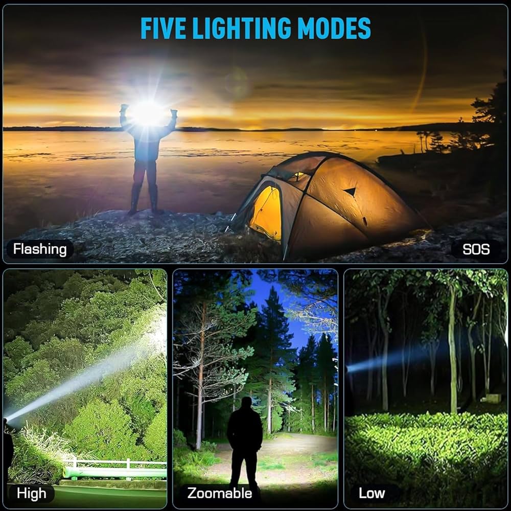 Headlamp 5000 LUMENS LED Rechargeable Head Lamps, Zoomable Headlight with 5 Modes & IPX7 Waterproof, 120° Adjustable Head Lights for Forehead for Outdoor, Camping, Hard Hat, Hunting