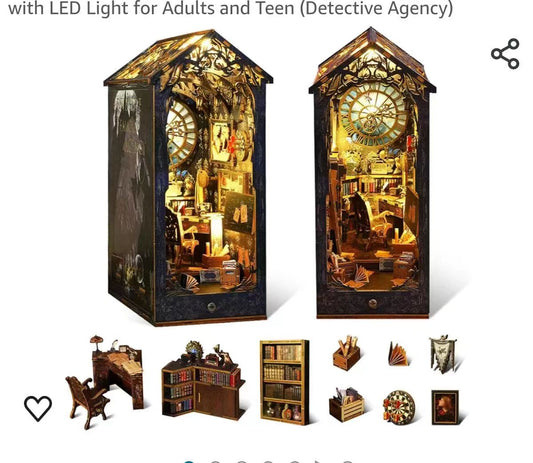 Book Nook Kit, DIY Miniature Doolhouse Booknook Kit, 3D Wooden Puzzle Bookend Bookshelf Insert Decor with LED Light, Tiny Book Nook for Teens Adults