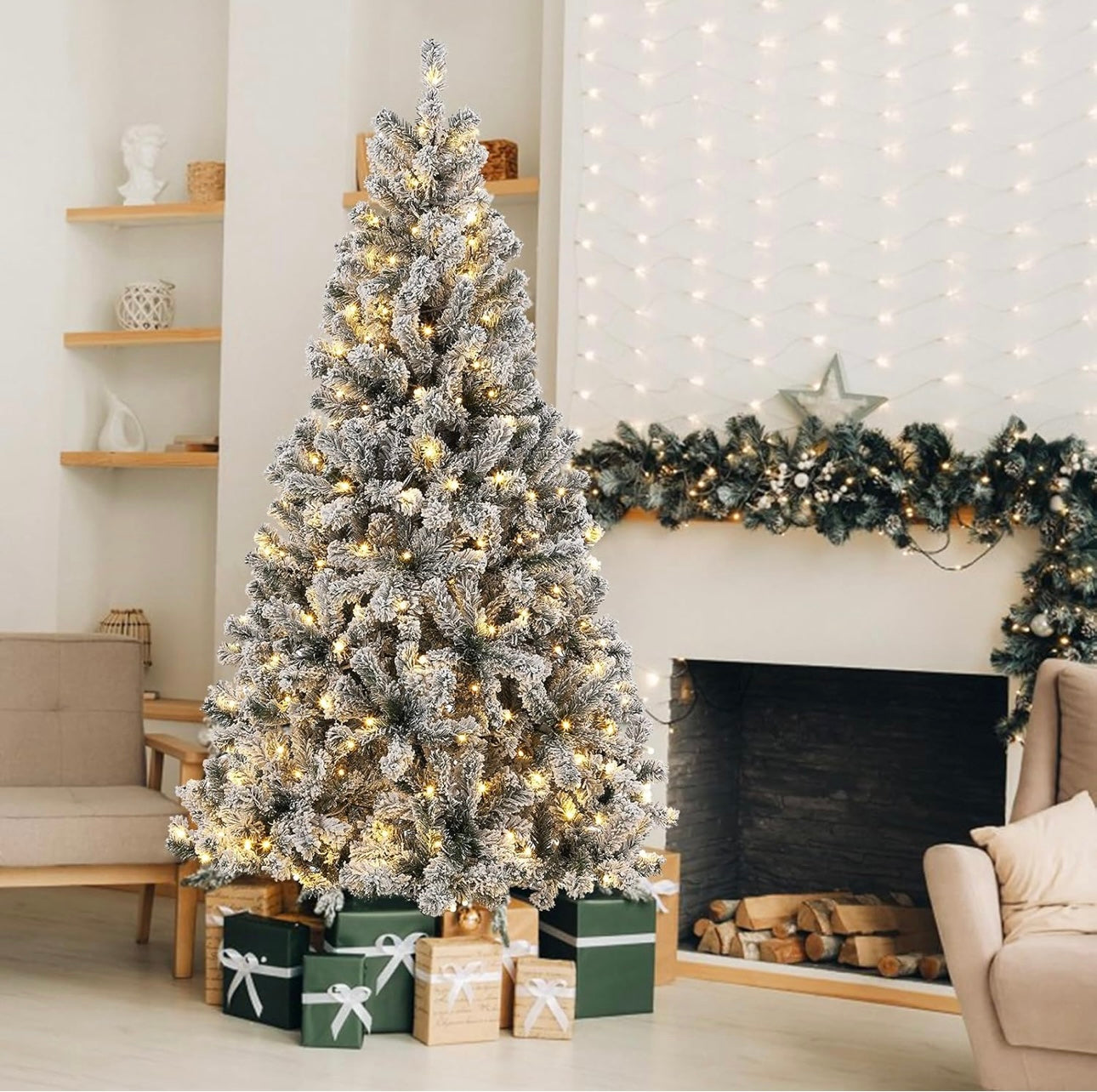 Christmas Tree with Warm White Lights, 6FT Tall Lighted Xmas Tree with Foldable Metal Stand, Large Snow Flocked Xmas Tree for Office, Home, Holiday Party, Christmas Decor