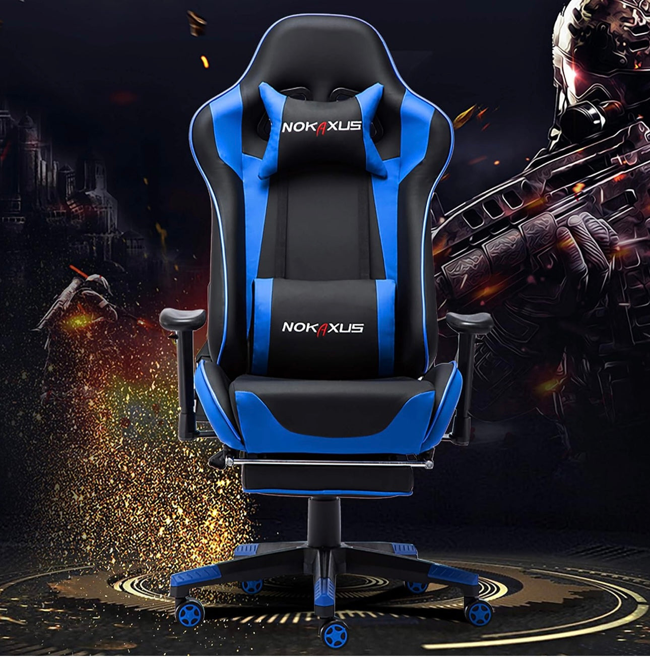 Gaming Chair Large Size High-Back Ergonomic Racing Seat with Massager Lumbar Support and Retractible Footrest PU Leather 90-180 Degree Adjustment of backrest Thickening sponges (YK-6008-BLUE)