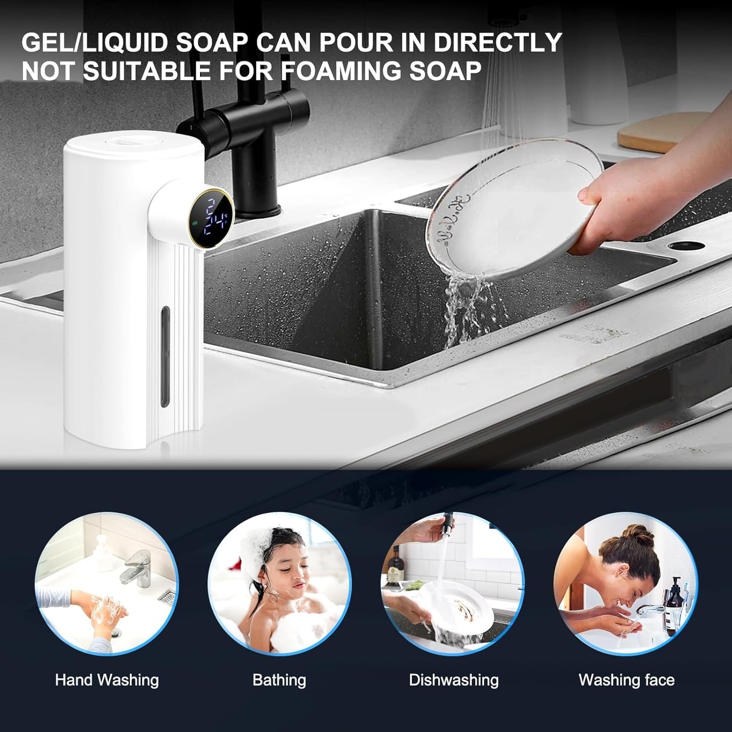 Automatic Soap Dispenser Liquid Hand Free Soap Dispenser Rechargeable Soap Dispenser Touchless Soap Dispenser Smart Electric Auto Dish Soap Dispenser for Bathroom, Kitchen