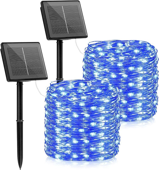 2 Pack Blue Outdoor Solar Fairy Lights, 39.37ft 2X120 LED Decorative Fairy Lights with 8 Modes, Waterproof Copper Wire Lights for DIY Decoration Garden Party Wedding Patio Yard