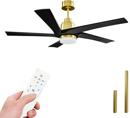 52 Inch Ceiling Fans with Lights and Remote Control, Stepless Dimmable, DC Ceiling Fan with 5 Reversible Black Blades & Brass Finish, for Indoor & Outdoor, 3CCT, ETL Listed