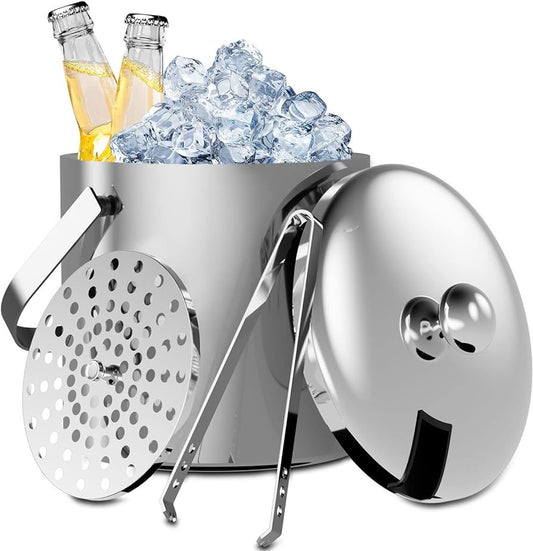 Stainless Steel Ice Bucket For Parties With Lid And Ice Tongs,Insulated Wine Bucket With Strainer Keeps Drinks Cold And Ice Cube From Melting