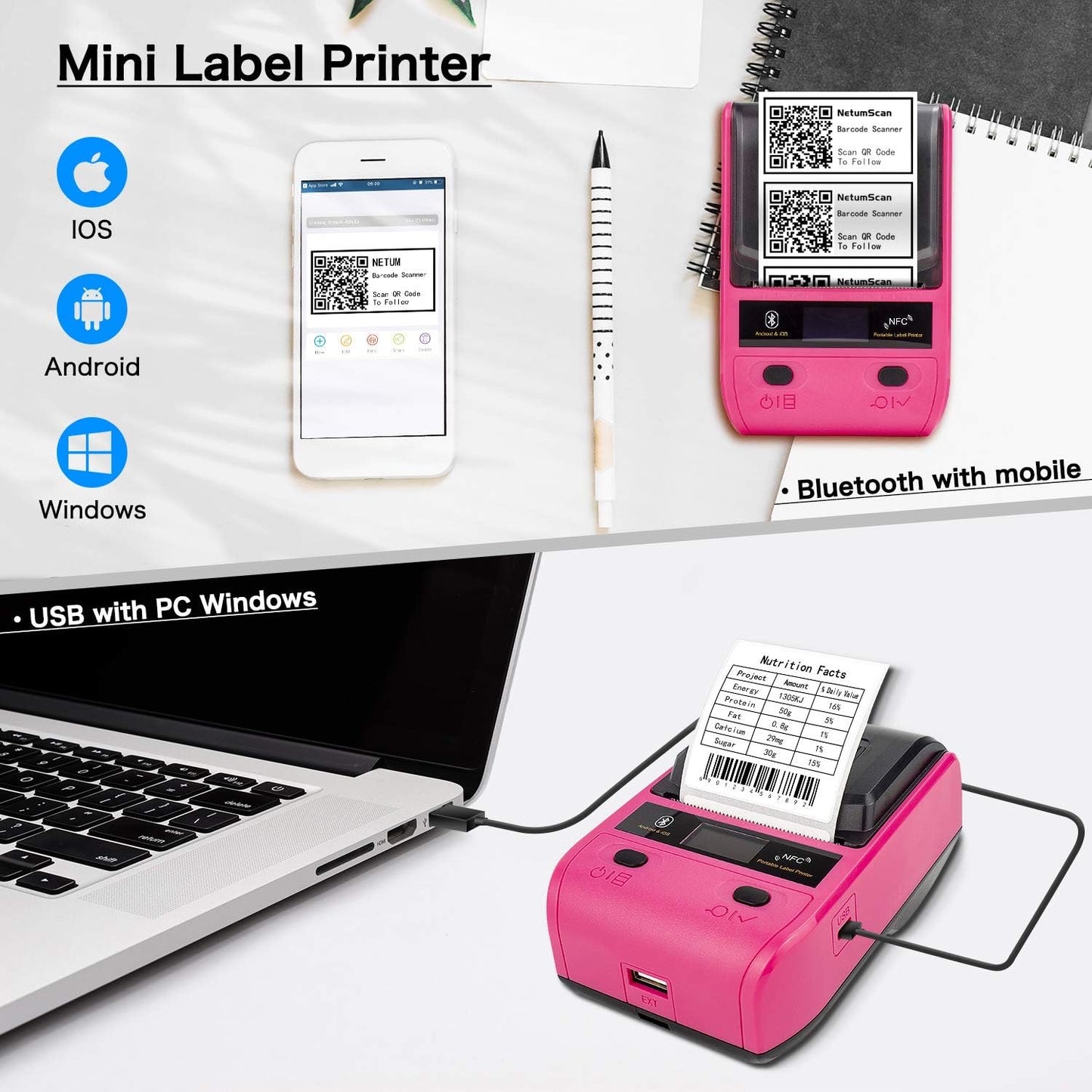 Label Maker Portable Bluetooth Thermal Label Printer Compatible with Android & iOS System Apply to Labeling, Address, QR Code, Barcode, Cable and More, Use for Home & Retailing