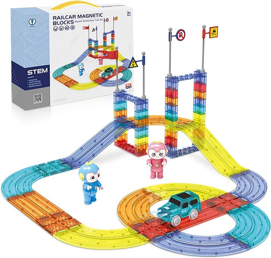 63 Piece Magnetic Tiles Race Car Track Magnet Building Block Educational Toy Set, STEM Learning Construction Kit Hand-Eye Fine Motor Skill, Training Brain Development