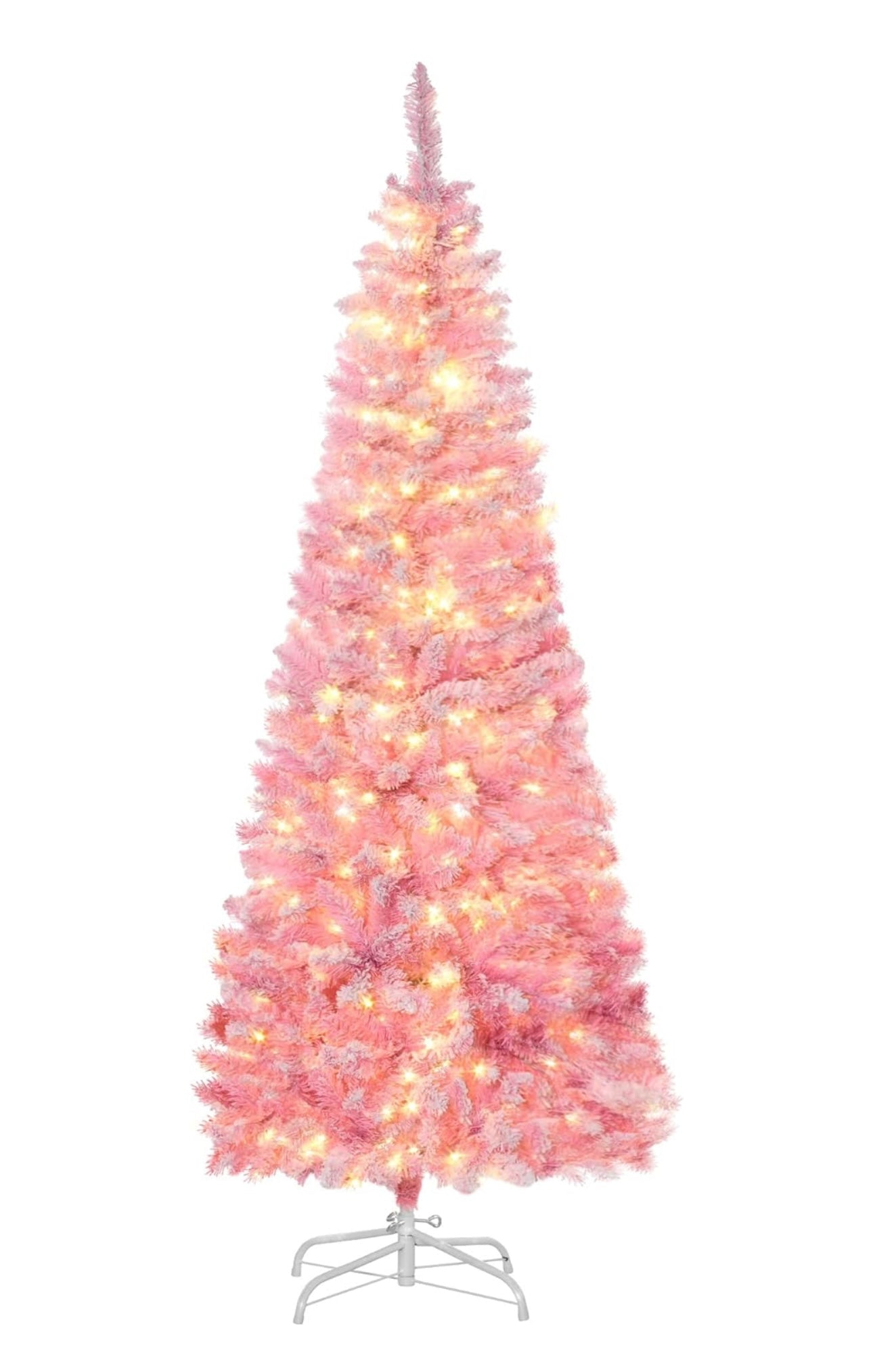 6ft Prelit Snow Flocked Artificial Christmas Tree with Pencil Shape, Pine Realistic Branches, Warm White LED Lights, Auto Open, Pink