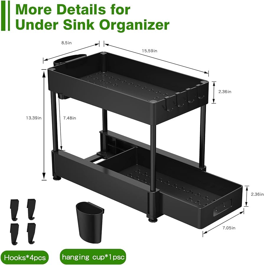 Under Sink Organizers and Storage 2 Pack, ZOMILB Bathroom Organizer 2-Tier Sliding Kitchen Cabinet Organization with Hook, Hanging Cup, Multi-purpose Under Sink Shelf Organizer for Home, Black