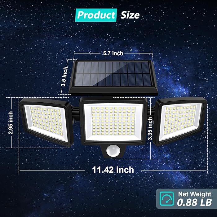 Solar Outdoor Lights 2500LM 210 LED Security Lights with Remote Control,3 Heads Motion Sensor Lights, IP65 Waterproof,270° Wide Angle Flood Wall Lights with 3 Modes(2 Packs)