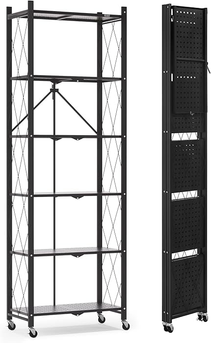 Folding Bookshelf, 6 Tier Metal Bookcase and Bookshelves, Tall Shelves for Living Room Office Bedroom, Heavy Duty Book Shelve Free Standing Open