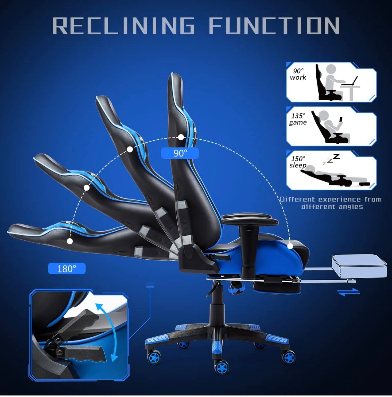 Gaming Chair Large Size High-Back Ergonomic Racing Seat with Massager Lumbar Support and Retractible Footrest PU Leather 90-180 Degree Adjustment of backrest Thickening sponges (YK-6008-BLUE)