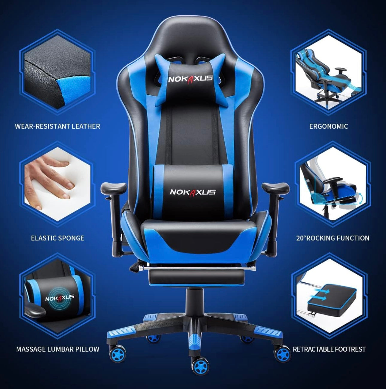 Gaming Chair Large Size High-Back Ergonomic Racing Seat with Massager Lumbar Support and Retractible Footrest PU Leather 90-180 Degree Adjustment of backrest Thickening sponges (YK-6008-BLUE)