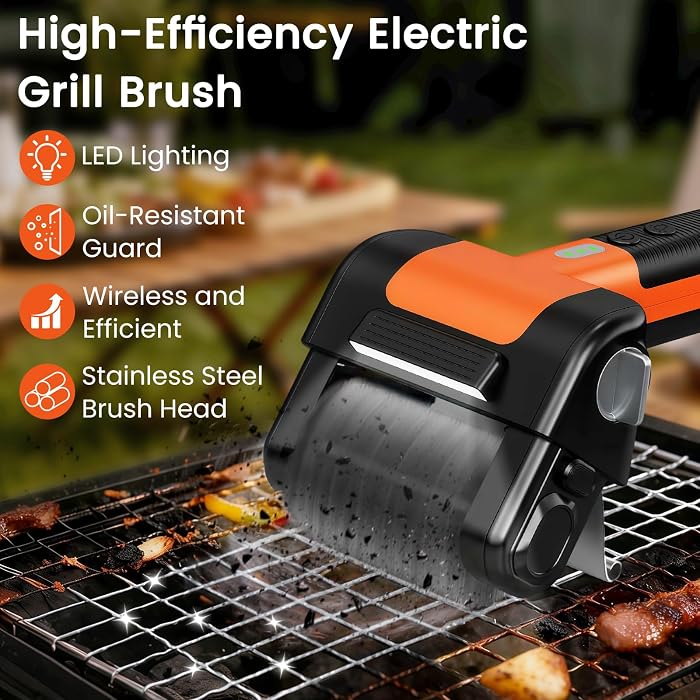 Electric Grill Brush for Outdoor,Ultra High Power Cordless BBQ Cleaner
950RPM,Rechargeable,4500mAh,Removable head,LED Light,304 Stainless Steel Reinforced Steel Bristles,Power Scrubber