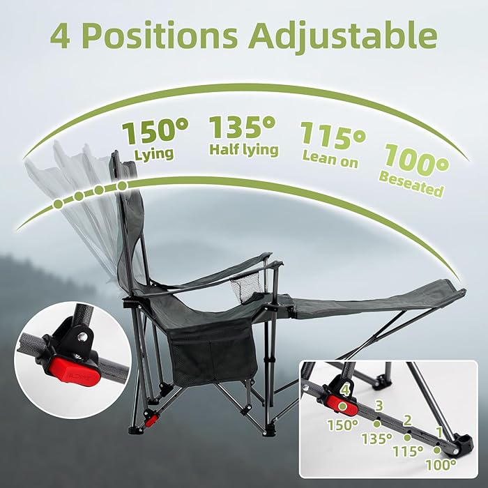 Reclining Camping Chairs for Adults, Recliner Chair with Removable Footrest & Cup Holder, Folding Chairs for Outside W/Adjustable Backrest & Storage Bag for Fishing, Beach, Lawn