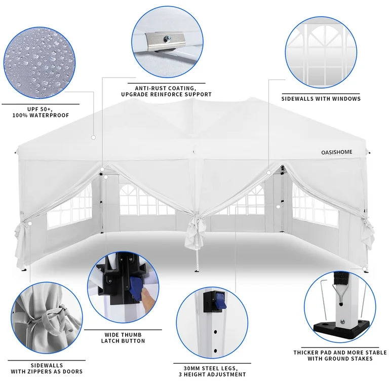 OASISHOME 10'x20' White Pop-Up Canopy Gazebo Tent, with 6 Removable Sidewalls, Windows, Carrying Bag - for Patio/Outdoor/Wedding Events