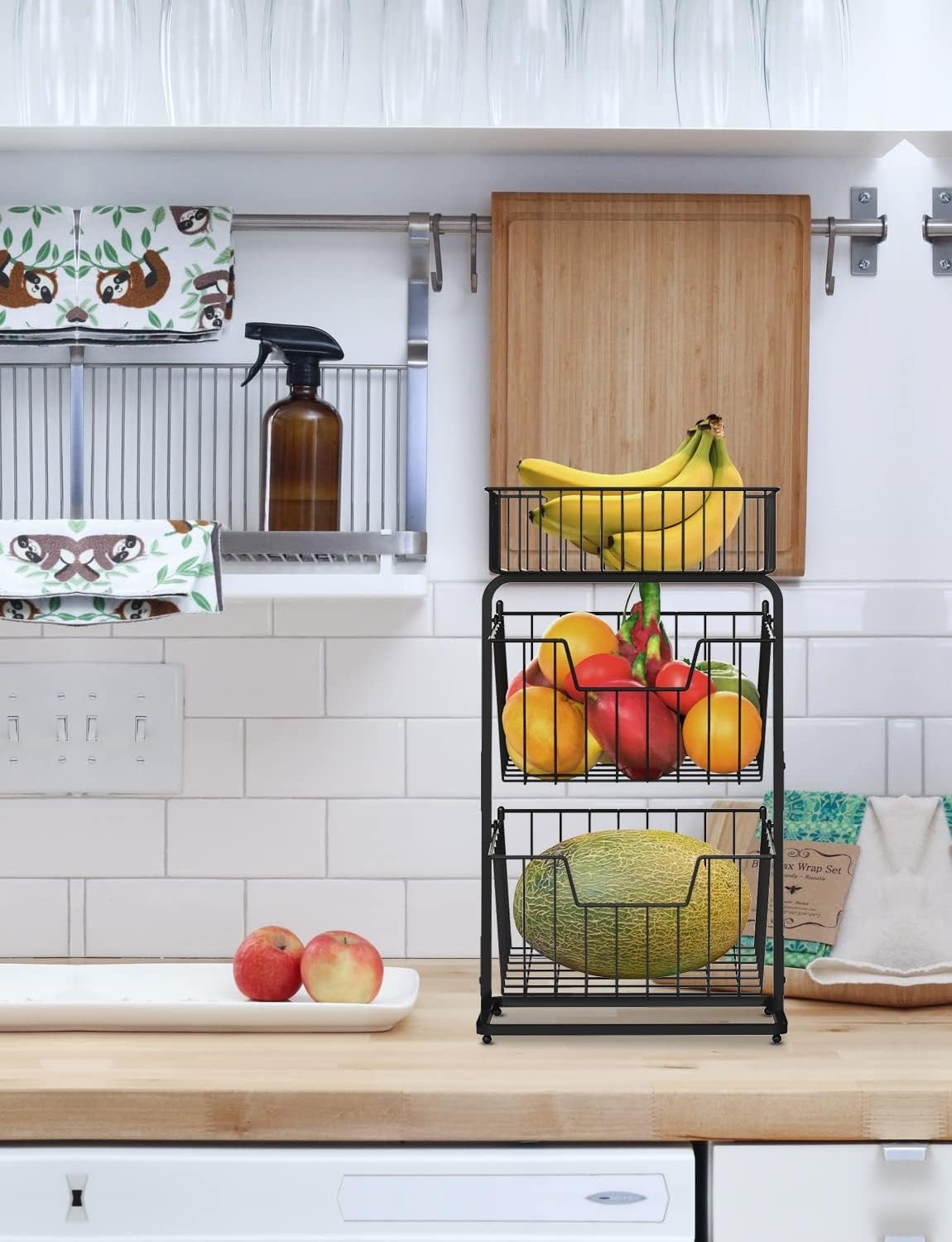 3-Tier Fruit Basket Fruit Bowl for Kitchen Counter or Floor,Fruit Holder Produce Basket for Fruits,Vegetables and Snacks,Metal Market Basket Storage Stand