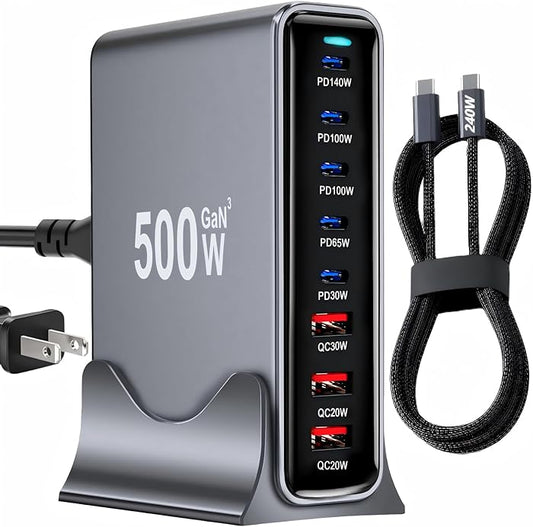 500W USB C Fast Charger Block, PD 3.1 140W USB C Charging Station, GaN Ⅲ Multi-Port PD PPS Fast Charging Station for Multiple Devices,Laptop Wall Charger Compatible with MacBook iPad iPhone 17/16 etc