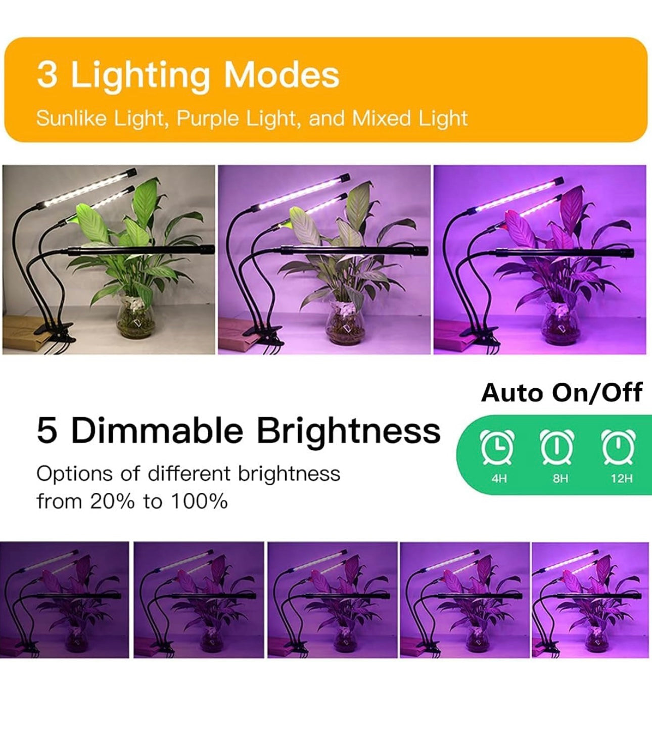 Plant Grow Light, Full Spectrum Clip-on Plant Lamp with White Red Blue Bulbs for Indoor Plants Growing, Dimmable Brightness & 3 Light Modes, Auto On/Off Timing 4 8 12Hrs