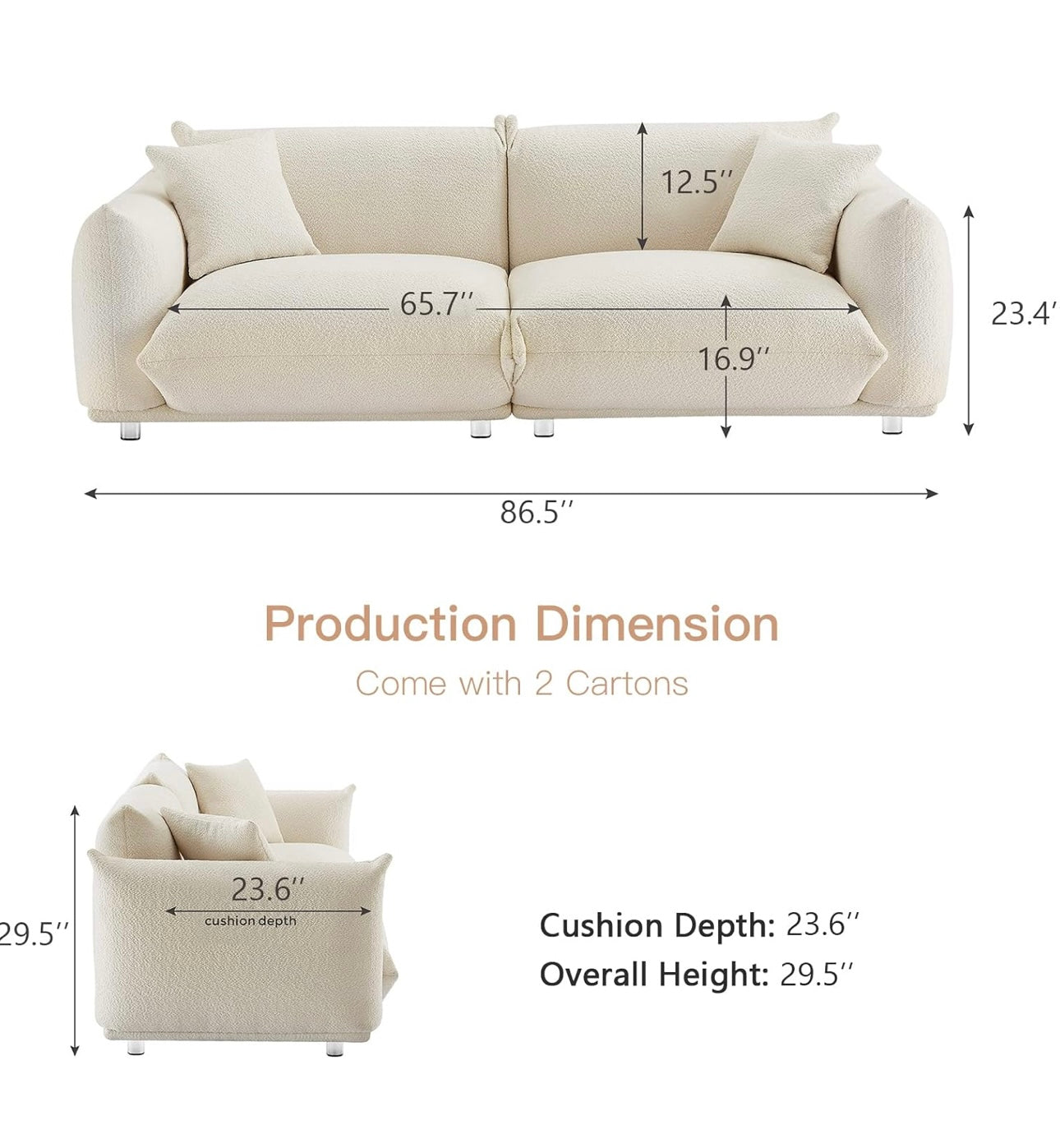 Couch for Living Room Bedroom Soft Loveseat 87" W Small Couch with Pillows White