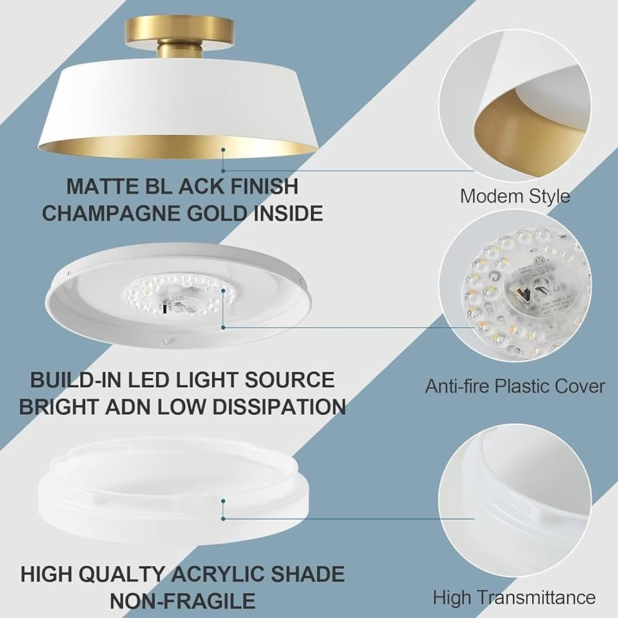 Flush Mount Ceiling Light, 12-inch LED Ceiling Light Fixture,3000K/3500/4000K/5000K/6500K Adjustable,14W/1400lm, White and Gold Finish, Energy Saving for Bedroom, Hallway