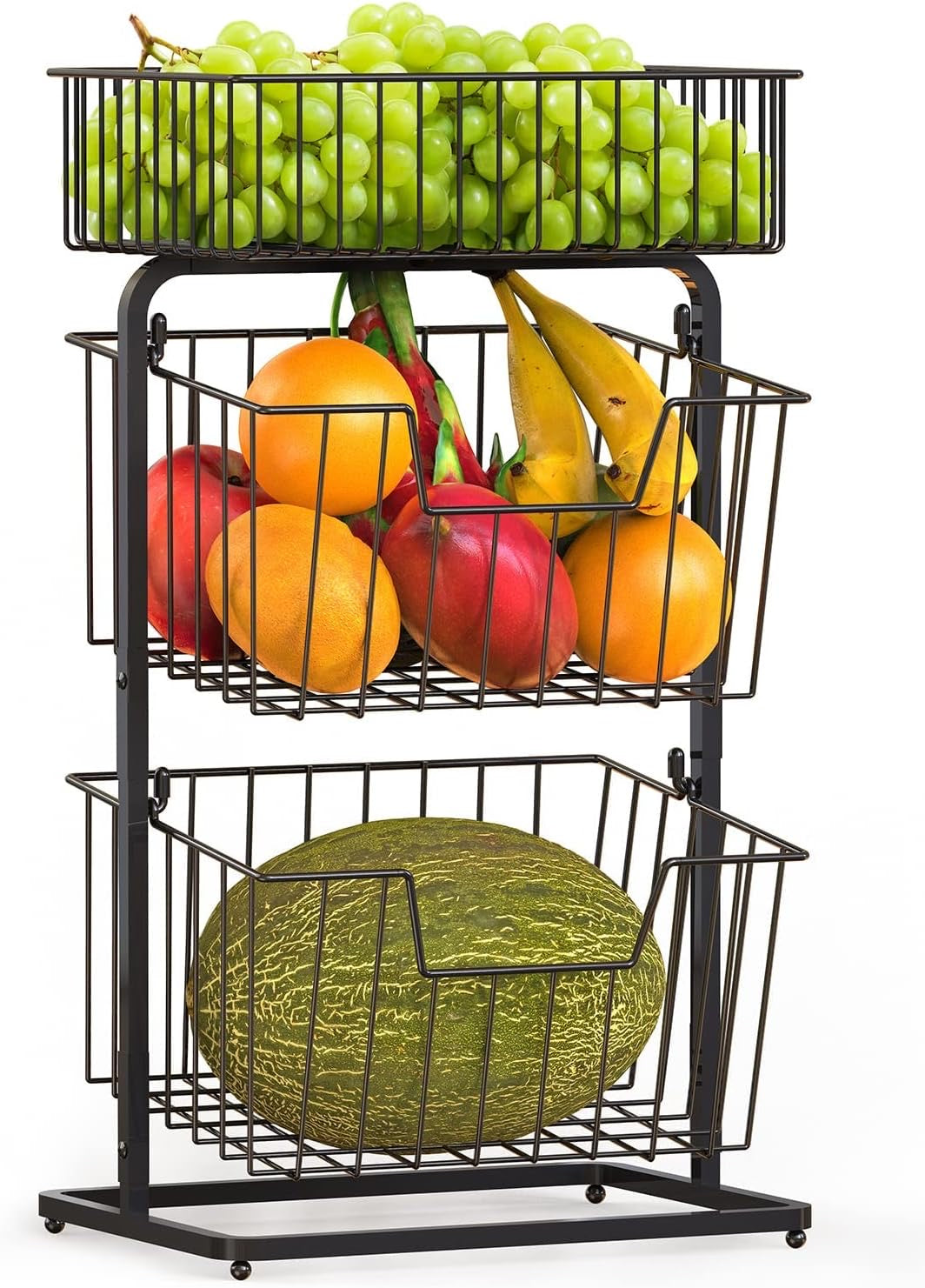 3-Tier Fruit Basket Fruit Bowl for Kitchen Counter or Floor,Fruit Holder Produce Basket for Fruits,Vegetables and Snacks,Metal Market Basket Storage Stand