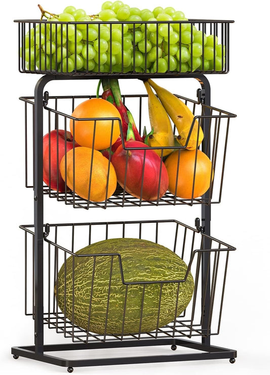 3-Tier Fruit Basket Fruit Bowl for Kitchen Counter or Floor,Fruit Holder Produce Basket for Fruits,Vegetables and Snacks,Metal Market Basket Storage Stand