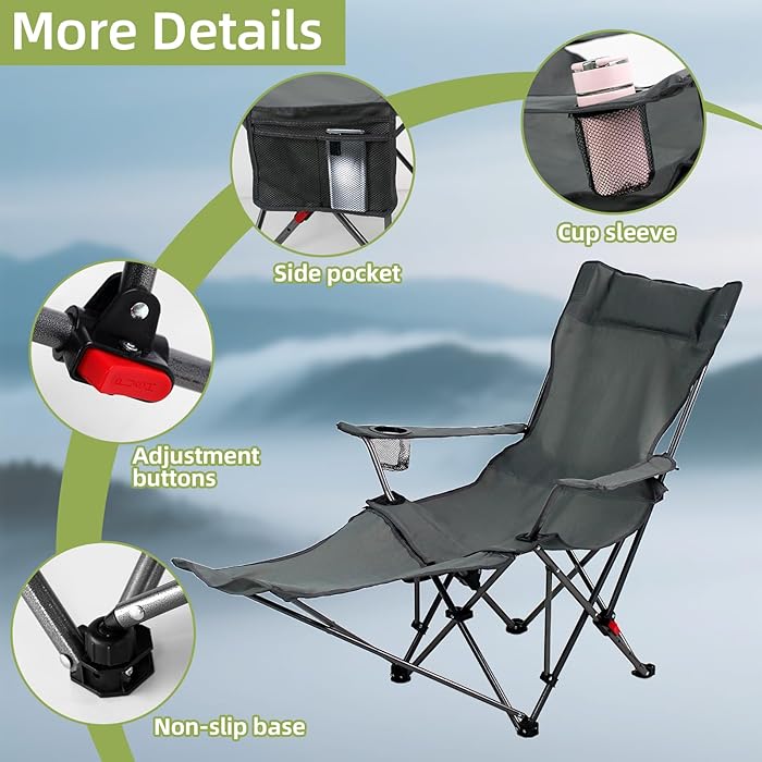 Reclining Camping Chairs for Adults, Recliner Chair with Removable Footrest & Cup Holder, Folding Chairs for Outside W/Adjustable Backrest & Storage Bag for Fishing, Beach, Lawn