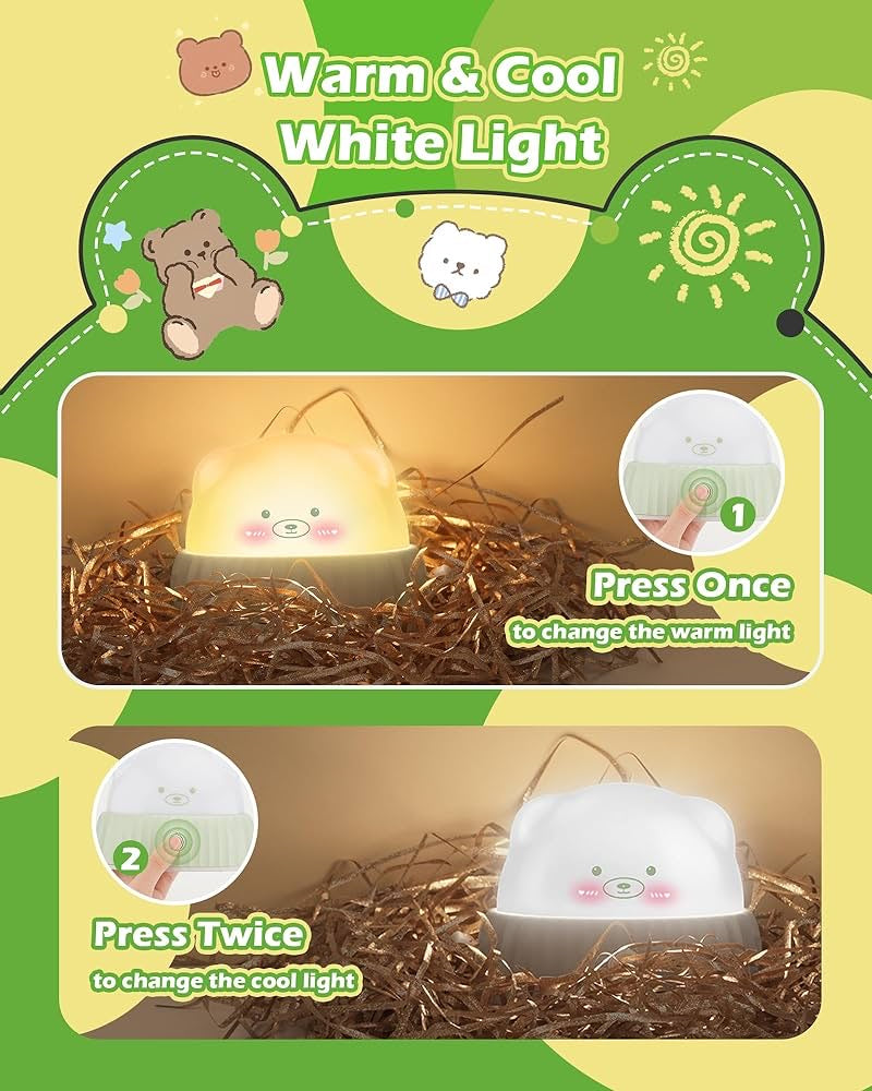 Night Light for Kids Cute Lamp, Bear Cat Lamp Kawaii Room Decor, Kids Toys for Girls, Stocking Stuffers for Kids, Christmas Gifts for Teenage Girls Kids Boys, Rechargeable Touch Lamp, Green