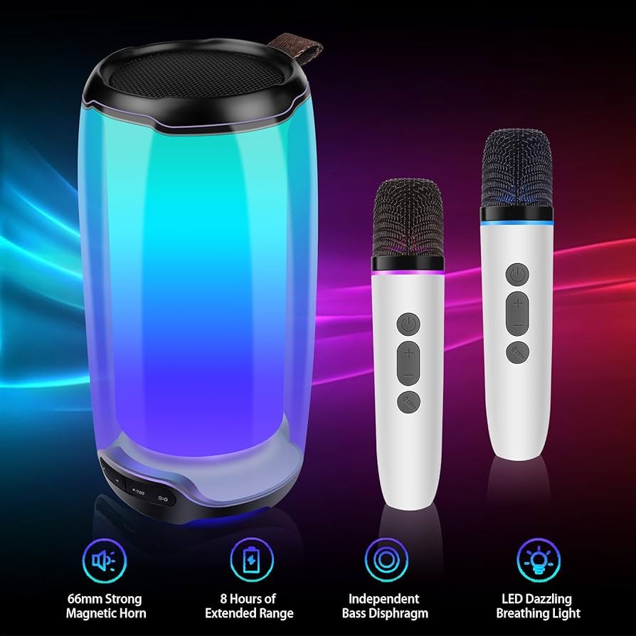 Portable Bluetooth Speakers,Karaoke Machine, Portable Bluetooth Karaoke Speaker with 2 Bluetooth Microphones, TWS Pairing, bass/Treble Adjustment,LEDlights,for Singing/Birthday Parties/Homes