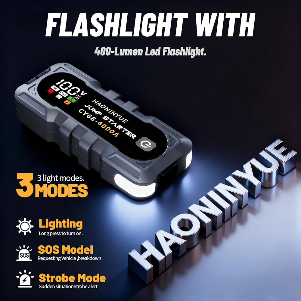4000A Car Battery Jumper Starter, Battery Jumper Starter Portable (8.0LGas/6L Diesel), 16000mAh Charging Jump Box, Portable Car Jump Starter with Jumper Cables and 600LM LED Light