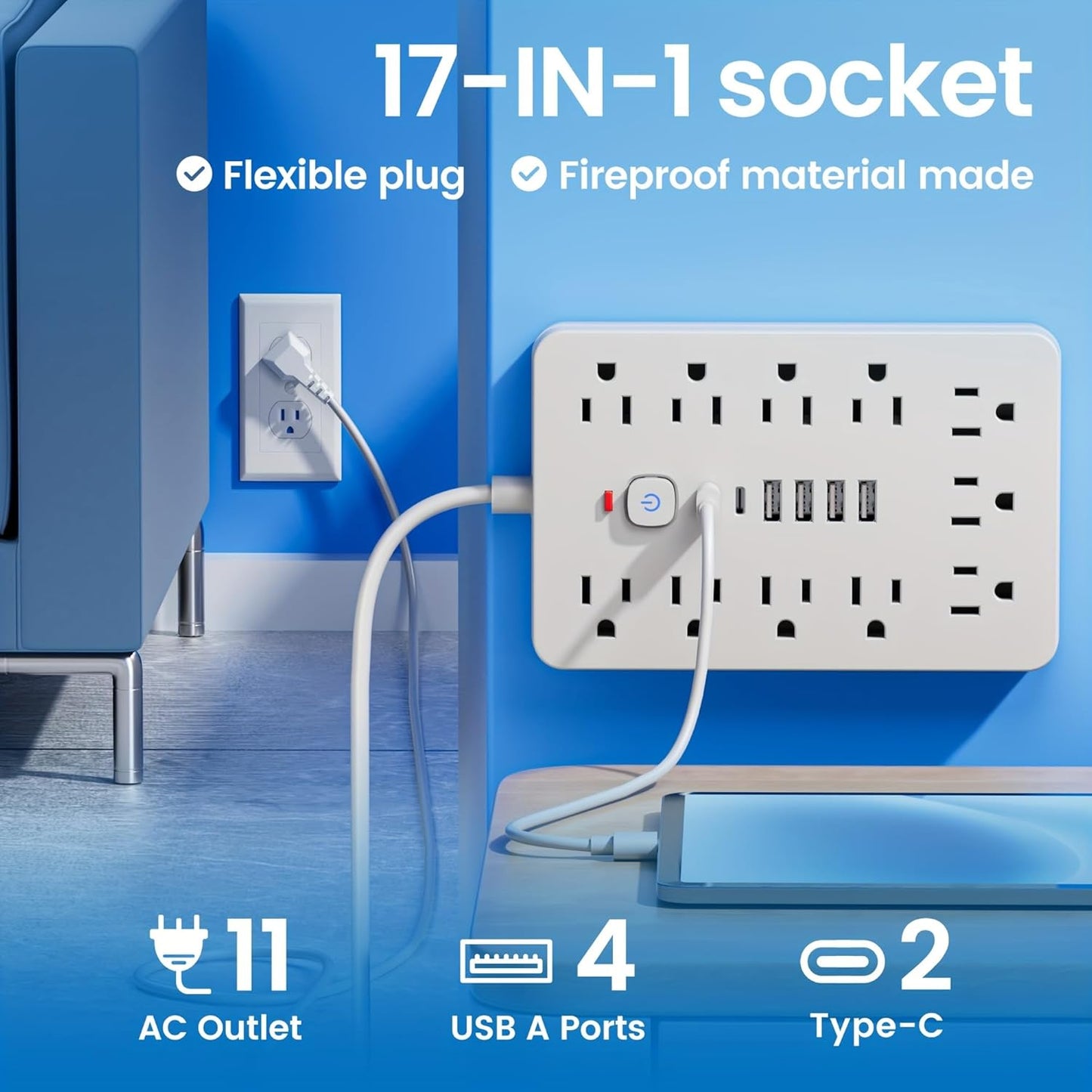 10 FT Flat Plug Surge Protector Power Strip,11 Multiple AC Outlets with 6 USB Ports (2 USB C), 10 Feet Extension Cord, 1250W/10A, One Touch Switch Button, White